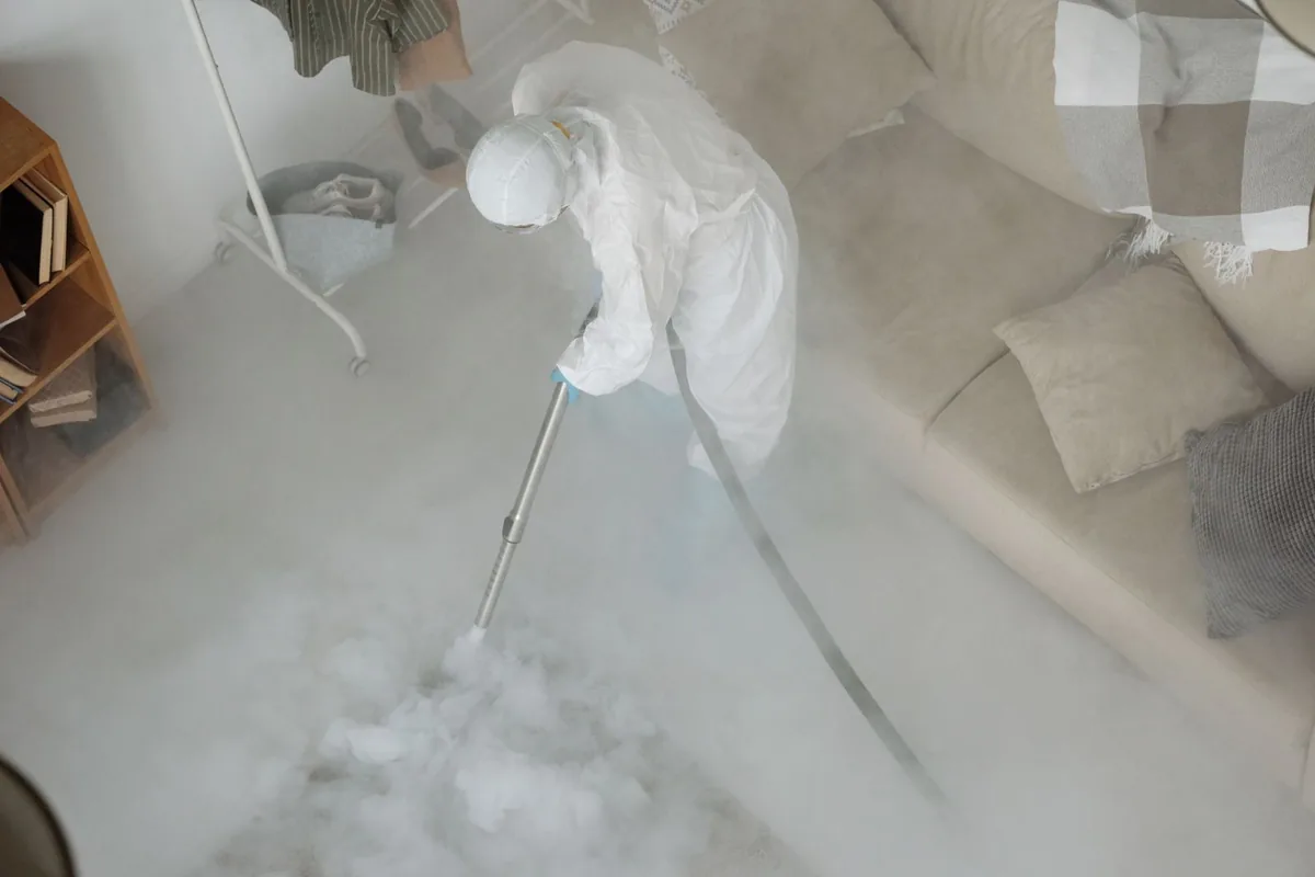 Biohazard cleanup technician in protective equipment, Union, SC